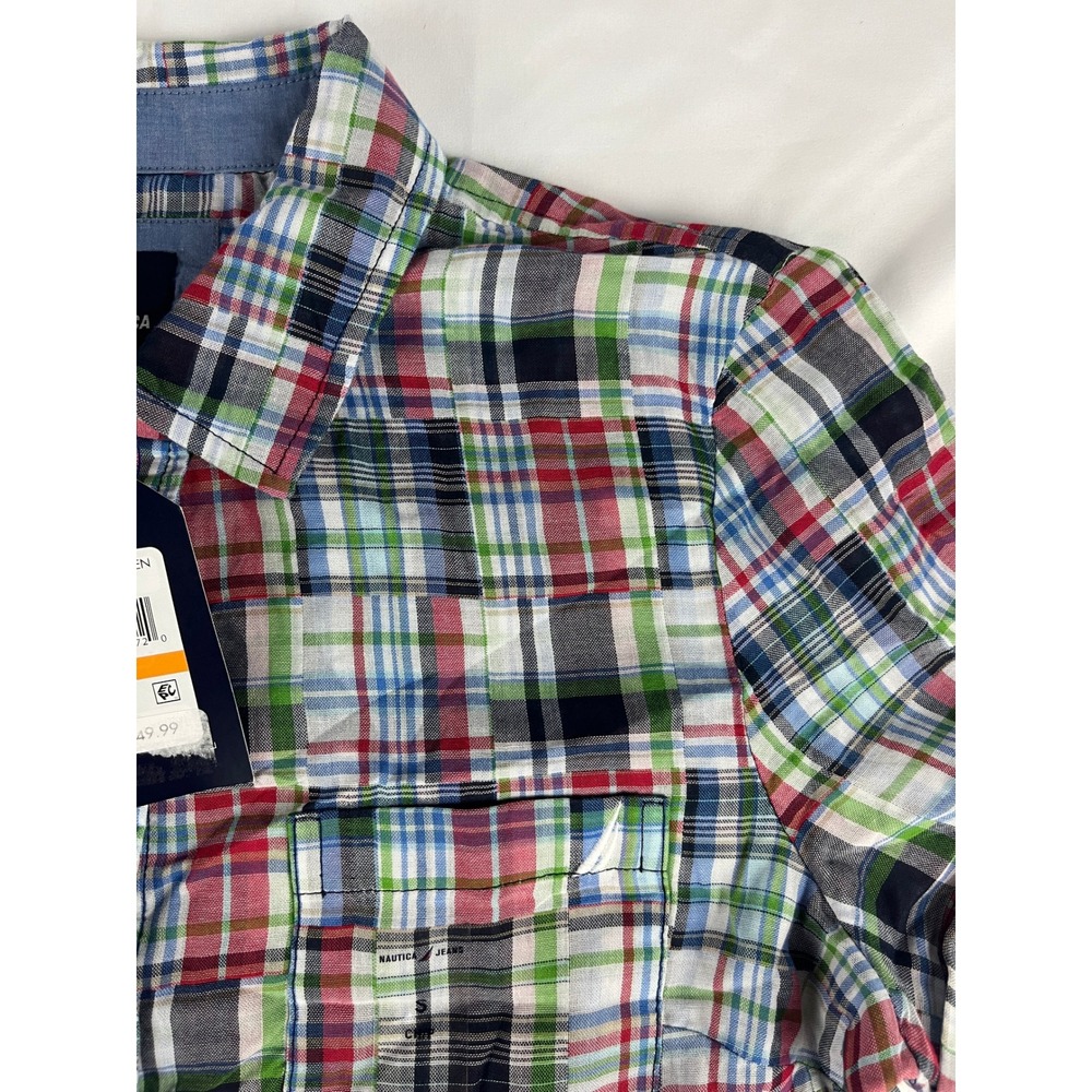 Nautica Jeans Plaid Short‎ Sleeve Button Down Shirt Womens Size S Colorful